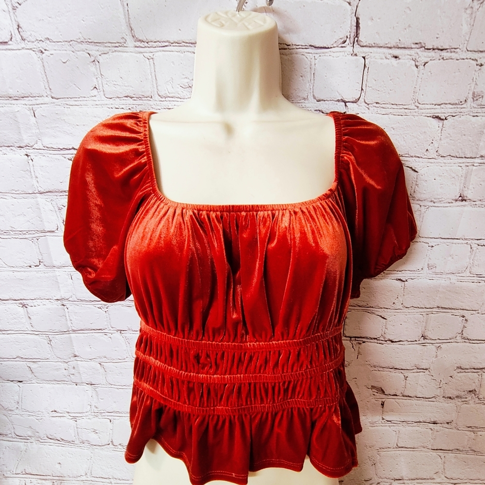 Row A Velour Burnt Orange Ruffle Renaissance Puff Sleeve Top Medium Fairy Core